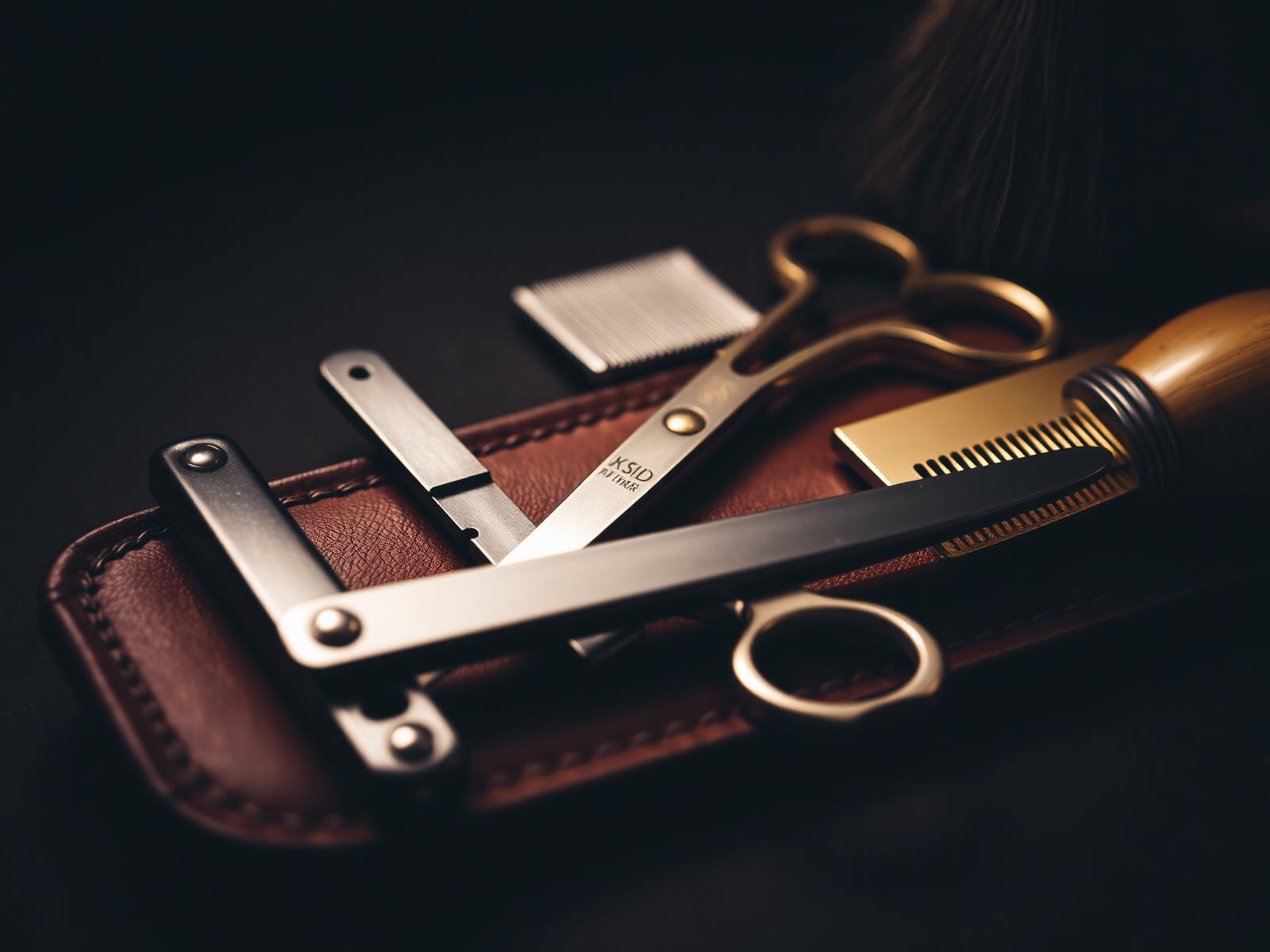 Vintage barber tools — straight razor, shears and brass comb
